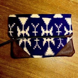 Handmade Aztec print clutch with leather corners